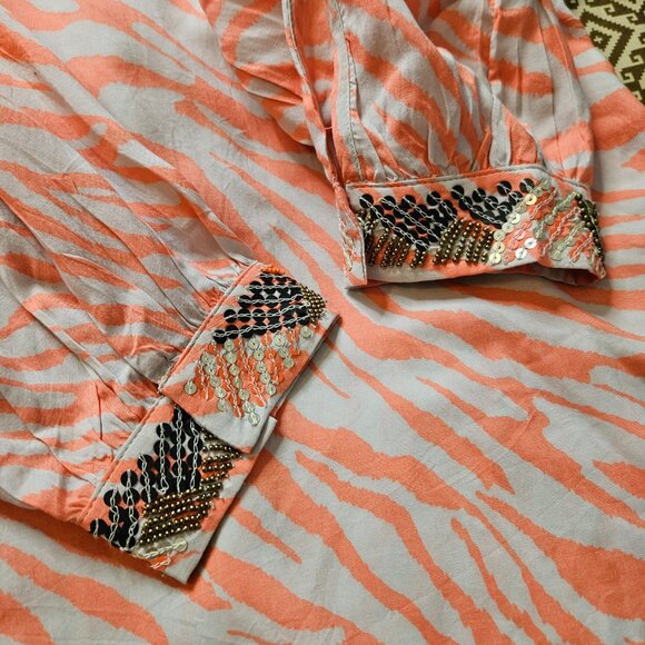 Chico's Embellished Neck Tunic Women's SZ 2P 12/14 Large Zebra Nectarine Blouse - Picture 9 of 14